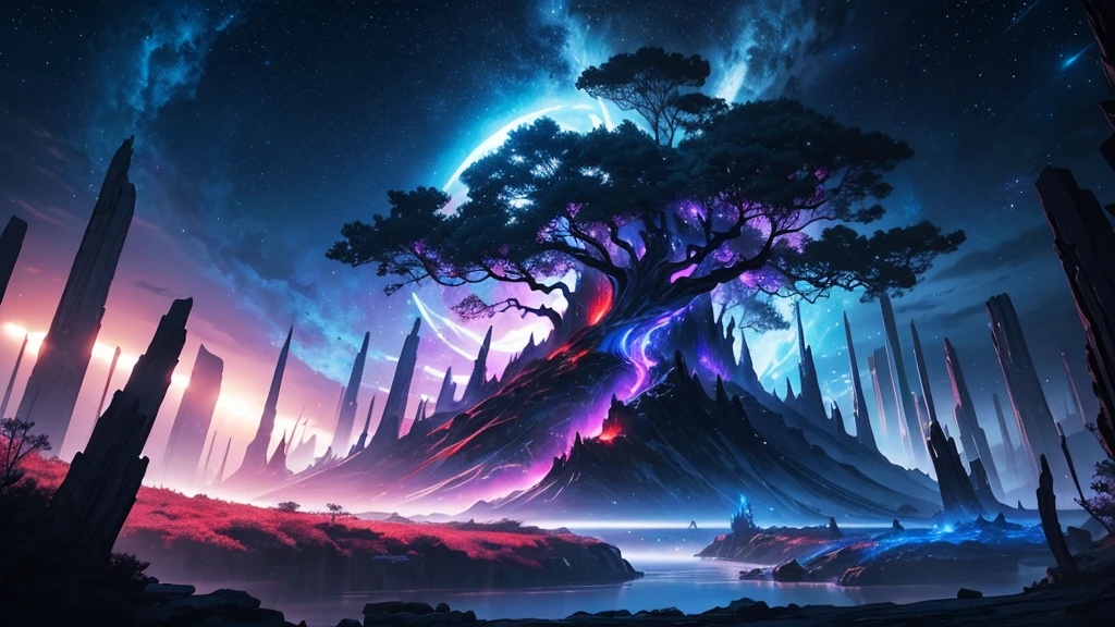  a arallax digital artwork with a fantasy theme. It features a large, dark, leafless tree in the center, with its branches extending across the image. The background is a vibrant mix of colors, primarily blues and reds, creating a cosmic or otherworldly atmosphere. There are bright, glowing areas that resemble stars or magical lights scattered throughout the scene. The left side of the image has vertical, pillar-like structures that add to the mystical feel. The overall composition is dynamic and visually striking, with a sense of depth and movement.