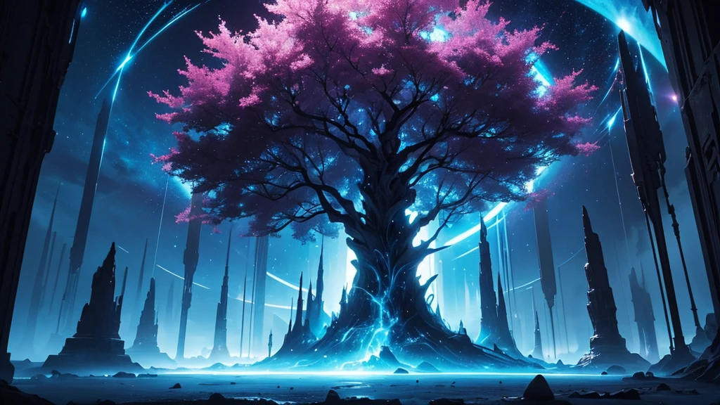 a arallax digital artwork with a fantasy theme. It features a large, dark, leafless tree in the center, with its branches extending across the image. The background is a vibrant mix of colors, primarily blues and reds, creating a cosmic or otherworldly atmosphere. There are bright, glowing areas that resemble stars or magical lights scattered throughout the scene. The left side of the image has vertical, pillar-like structures that add to the mystical feel. The overall composition is dynamic and visually striking, with a sense of depth and movement.