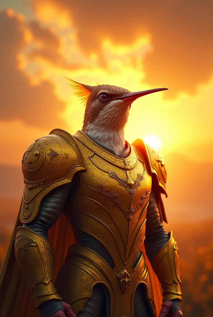 (Close-up of a powerful hummingbird:1.5), (Facing forward, wearing intricate golden armor:1.3), (Majestic and strong, standing alone:1.2), (Epic sunset background:1.1), (Radiant light around the hummingbird:1.2), (Symbolic landscape reflecting strength, unity, and determination:1.0)
