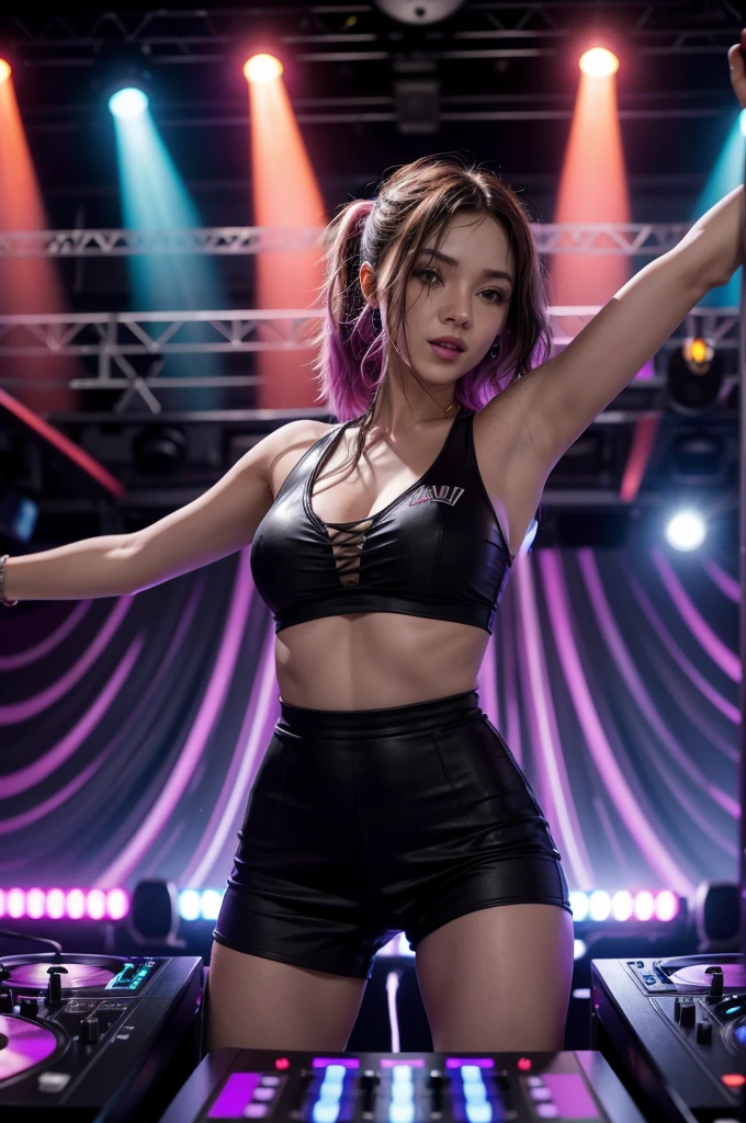 "Describe a DJ at a vibrant, lively dance party. The DJ is in the mixing booth, controlling the music and creating an electrifying atmosphere. The dance floor is full of people moving to the rhythm of the music. the DJ's back is turned