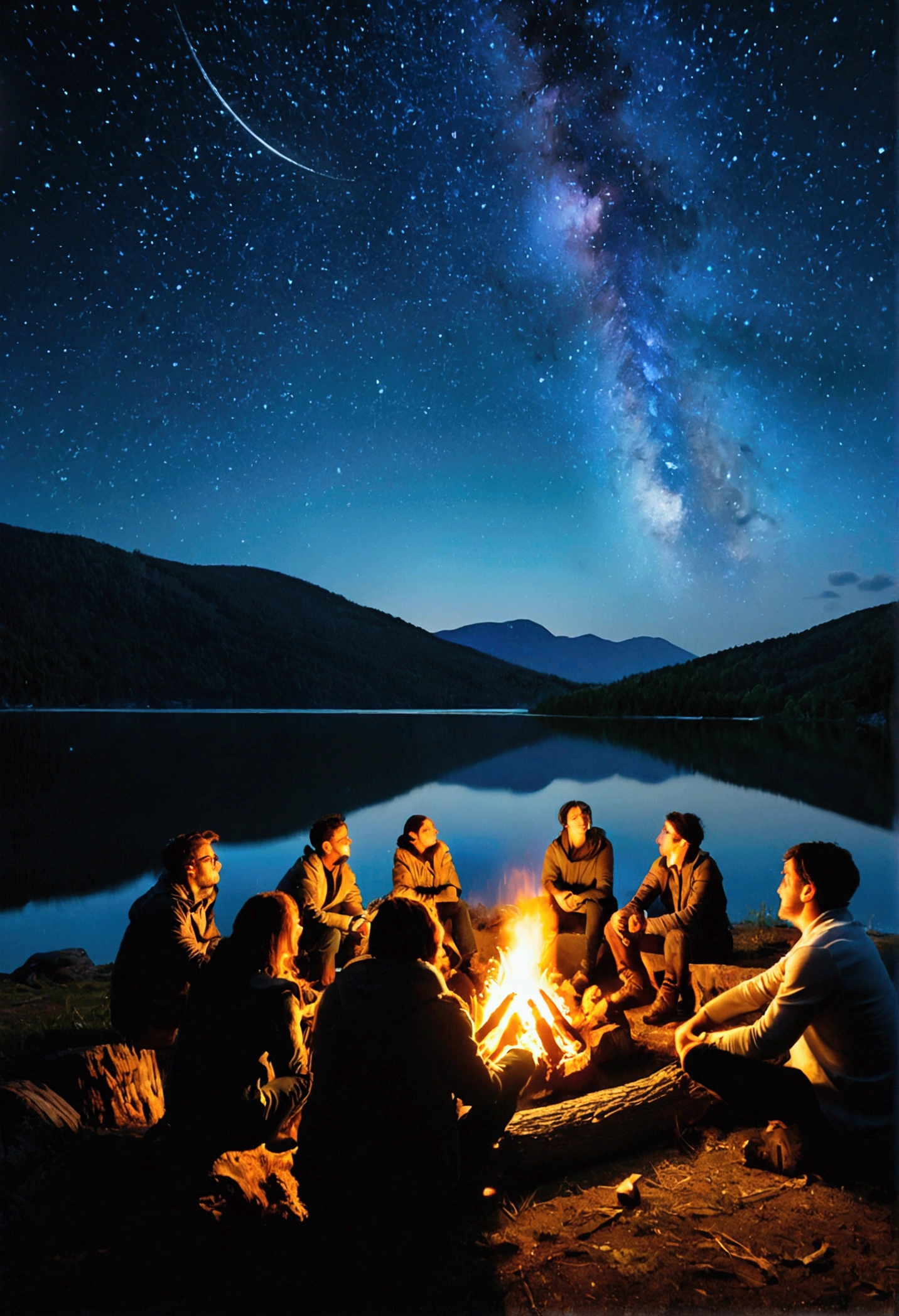 Description: A group of people sit around a campfire under the starry sky, sharing stories and dreams. Capture the warm atmosphere and tranquility of the starry sky with the light of campfires and the faint glow of the stars. Beautiful cinematic lighting, surreal, RAW photo, color graded, dynamic movement, captivating chiaroscuro, award-winning, cinematic still, emotional, vignette, dynamic, vivid, (masterpiece, best quality, photorealistic, Professional, perfect composition, very aesthetic, absurdres, ultra-detailed, intricate details:1.3)