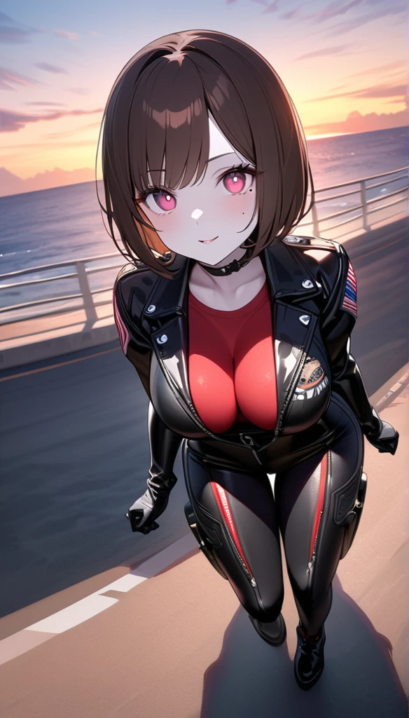 (One woman),(Best image quality, 8k, masterpiece:1.3), Anatomically correct, ((Brown hair bob cut:1.1)),(Swept-apart bangs,), (Cute eyes, Dark Eyes), (Mole under right eye), (thin),(Glowing Skin:1.1),(Pale skin:1.2),(Fantasyな雰囲気),(look up),Ultra-high resolution, Textured skin, Sparkle Effect, Fantasy,Bright Eyes,adult,Slender,
Black Riders,Black hot pants,Black leather gloves,Black Leather Boots,Round goggles,Black American helmet,Black tights,Absolute area,
Riding American Motorcycles,Seaside Road,sunset,Sunset,
Lots of white space, Red sports bra,Rin々Funny face,Large Breasts,