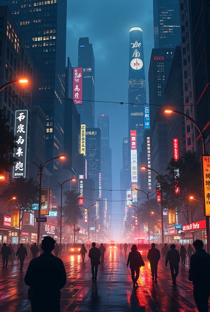 A bustling city at night, with busy streets and tall buildings glowing under the streetlights."