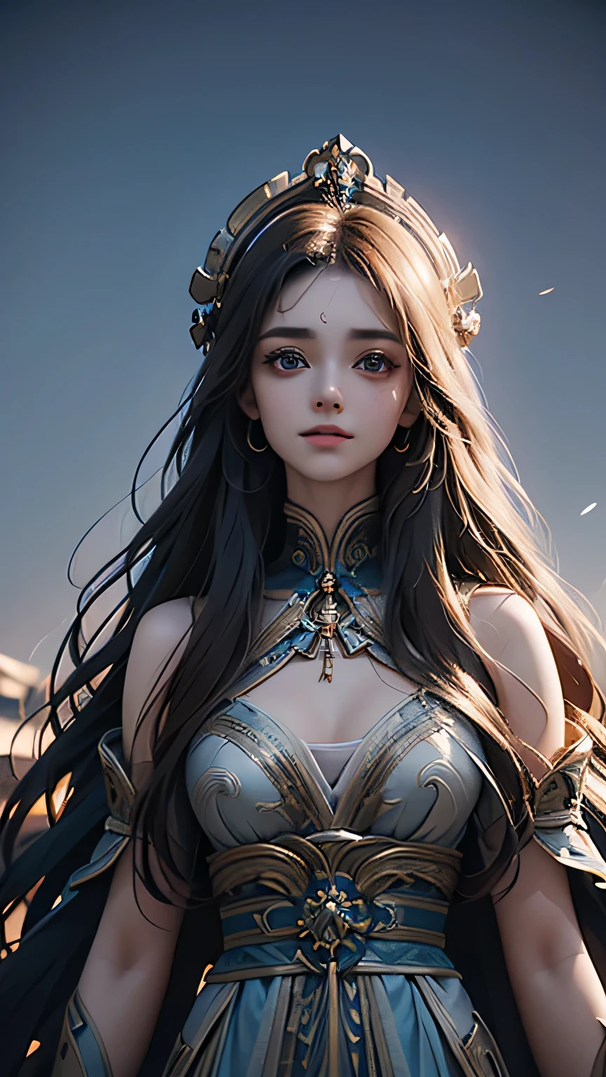 a beautiful goddess with long wavy brown hair, pale white skin, bright blue eyes, shy smile, low neckline robe, fused with the universe, detailed face, extremely detailed eyes and face, detailed clothing, cinematic lighting, dramatic shadows, volumetric lighting, ethereal, mystical, elegant, intricate details, digital painting