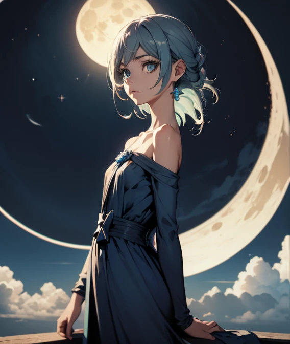 best quality, masterpiece, 1girl, blue dress, shoulders, blue aesthetic, shiny natural skin texture, long dress, small waist, detailed eyes, blue, moon behind her back