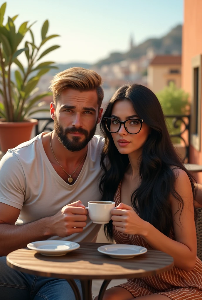 Create a picture of a young couple.
The man is muscular and has a full beard. He has dark blonde, very short hair.
The woman has long black hair and wears large designer glasses. She has a sharp nose.
The couple sits on a roof terrace in Puglia. Both drink coffee from a cup.
The image should appear realistic.
