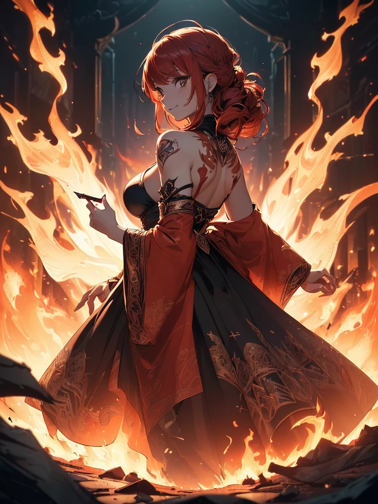 (((best quality, sharp image, clear image, cinematic lighting, 8k resolution, masterpiece, ultra detailed, intricate))) Girl, (((looking over left shoulder))), (shot from behind), fire mage, ((intricate background)), ((chaotic background)), red hair, smiling, ((flame runes, flame sigils)), (tatoo on back), slim figure, flying sigils, long dress
