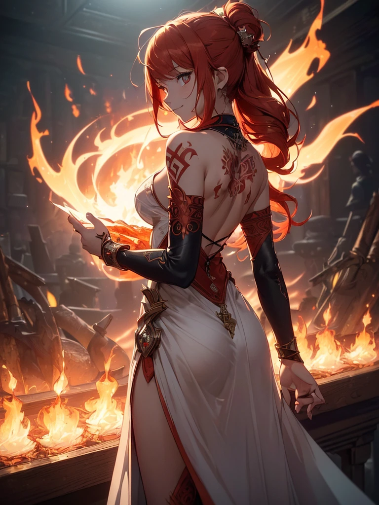 (((best quality, sharp image, clear image, cinematic lighting, 8k resolution, masterpiece, ultra detailed, intricate))) Girl, (((looking over left shoulder))), (shot from behind), fire mage, ((intricate background)), ((chaotic background)), red hair, smiling, ((flame runes, flame sigils)), (tatoo on back), slim figure, flying sigils, long dress
