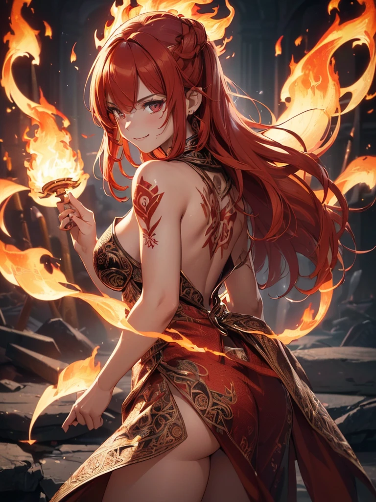 (((best quality, sharp image, clear image, cinematic lighting, 8k resolution, masterpiece, ultra detailed, intricate))) Girl, (((looking over left shoulder))), (shot from behind), fire mage, ((intricate background)), ((chaotic background)), red hair, smiling, ((flame runes, flame sigils)), (tatoo on back), slim figure, flying sigils, long dress