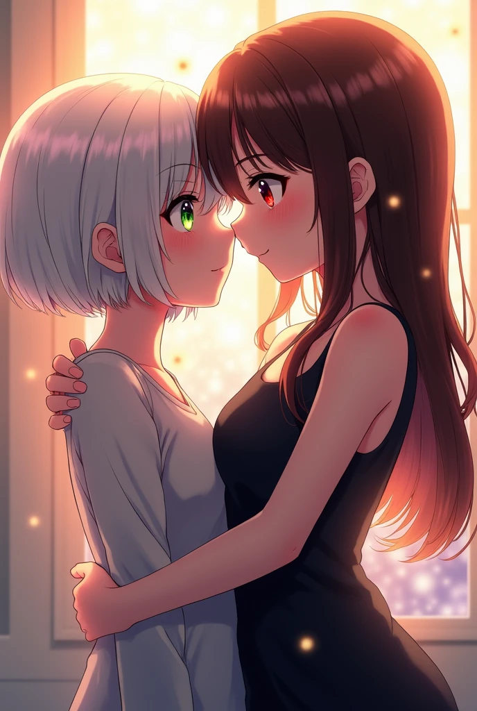 anime style, Two women hugging each other.

Woman 1: young adult, with the right eye blue and the left eye green, short white hair.

Woman 2: young adult, with the right eye red and the left eye yellow, narrow eyes, long hair and straight dark brown bangs, black elegant clothes.
