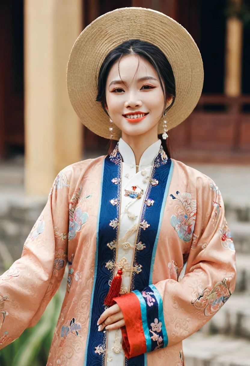 far shot full body, fashion shot, high camera angle of beautiful Vietnamese girl in royal ahanhatbinh clothing, nhat binh clothing, clothes, hat, pants, wide sleeves, long sleeves, gorgeous, sophisticated design, bold fashion, impressive figure, oriental Hoi An scene, cool style, magical shimmering, flying petals, realistic details, extremely detailed, 8K, super realistic, dynamic pose, cinematic lighting, low vivid, cinematic color tone, super detailed skin, wind blown
