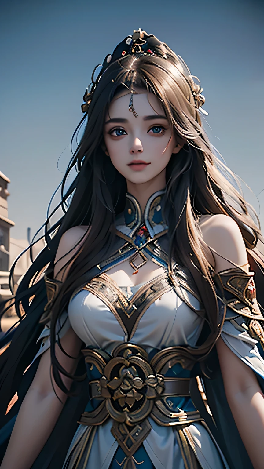 a beautiful goddess with long wavy brown hair, pale white skin, bright blue eyes, shy smile, low neckline robe, fused with the universe, detailed face, extremely detailed eyes and face, detailed clothing, cinematic lighting, dramatic shadows, volumetric lighting, ethereal, mystical, elegant, intricate details, digital painting