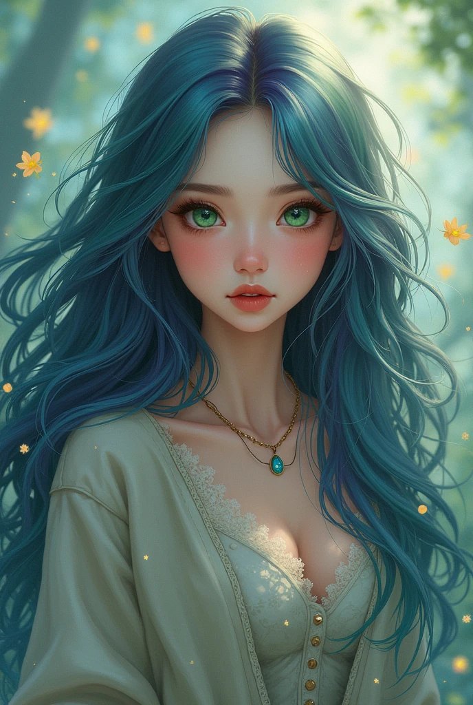 Girl with long wavy multi-colored hair. green eyes. cardigan.