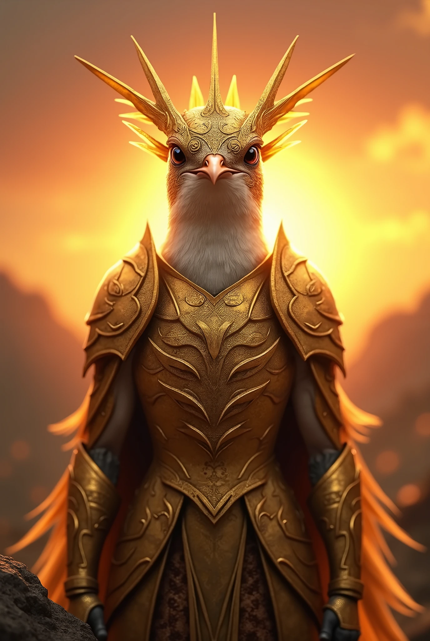 (Close-up of a powerful hummingbird:1.5), (Facing forward, wearing intricate golden armor:1.3), (Majestic and strong, standing alone:1.2), (Epic sunset background:1.1), (Radiant light around the hummingbird:1.2), (Symbolic landscape reflecting strength, unity, and determination:1.0)