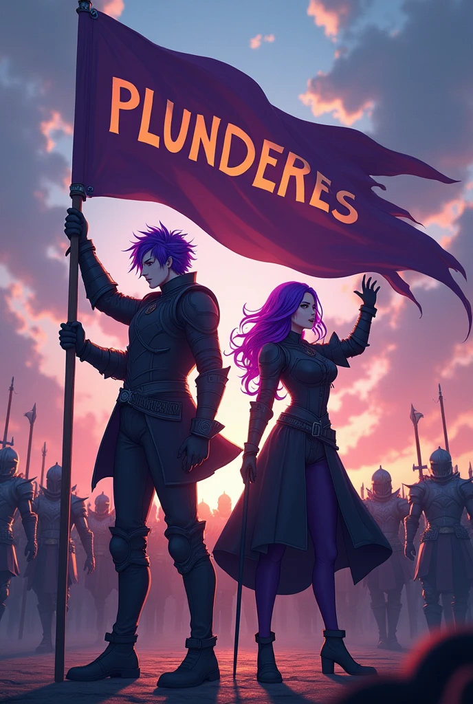 A purple haired man and a purple haired woman leader of a guild, holding the word Plunderes in his hands and behind him his army of warriors with the flag with the word Plunderes