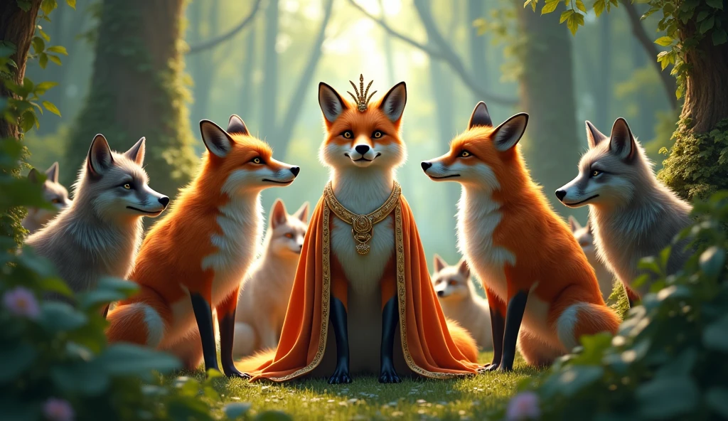 FOXES AS QUEENS IN THE FOREST WITH WOLVES AROUND ADMIRING THEM