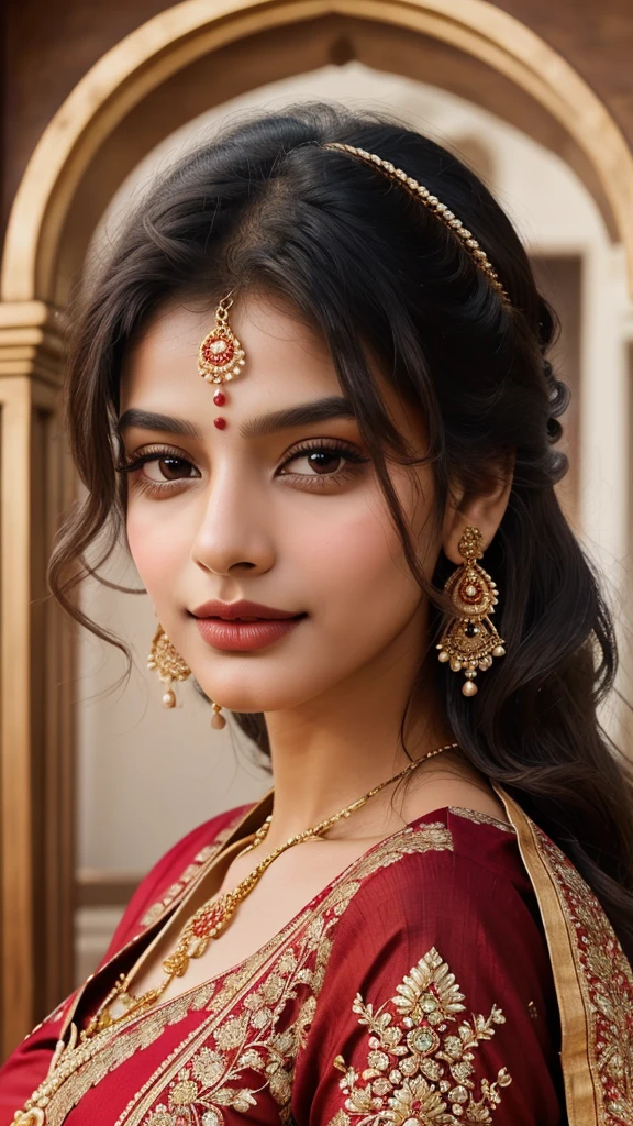 A stunningly beautiful Indian girl with flawless, radiant skin and expressive, almond-shaped brown eyes. She has long, flowing black hair that cascades down her back in soft waves. Her facial features are delicately balanced with high cheekbones, a small, well-defined nose, and full, luscious lips. She is wearing a traditional, vibrant sari in shades of deep red and gold, adorned with intricate embroidery and delicate jewelry, including a pair of elegant jhumka earrings and a delicate bindi on her forehead. Her pose is confident and graceful, with a serene smile that exudes warmth and charisma. The background is softly blurred to focus on her captivating beauty, with hints of traditional Indian decor to add cultural richness.
