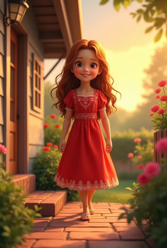 Images of a young girl dressed in red arriving home