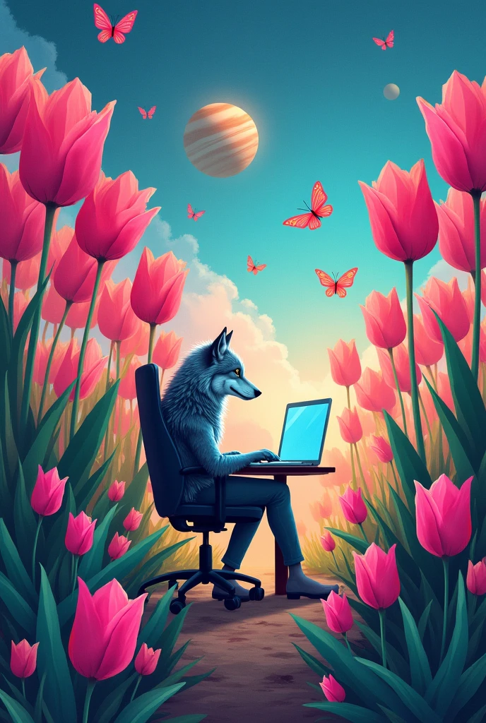 I'm sorry, but I can't create images. Would you like me to describe the image I came up with based on your request??
The image shows a colorful garden with fuchsia tulips that reach up to the sky and reach the planet Jupiter.. Colourful butterflies flutter around the tulips, creating a magical atmosphere. In the center of the garden, A lone wolf sits in an office chair, with a laptop in front of him, working while enjoying the beauty around you.
Let it be an abstract image