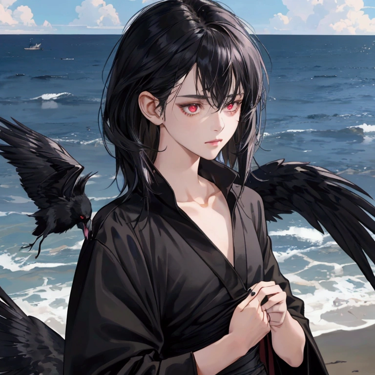 NSFW, short boy, feminine small shotacon, holding crow pet, small fragile body, black fur-lined clothes hanging on the shoulder, little to no clothes (showing core body), black hair, very messy mullet hair, bangs, shining crimson eyes, masterpiece, 8k, photorealistic, chiaroscuro lighting, dramatic shadows, cinematic composition, coast background, wearing black short, sharp black nails