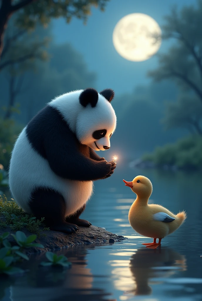 A panda asking a duck to date him with a ring in the moonlight