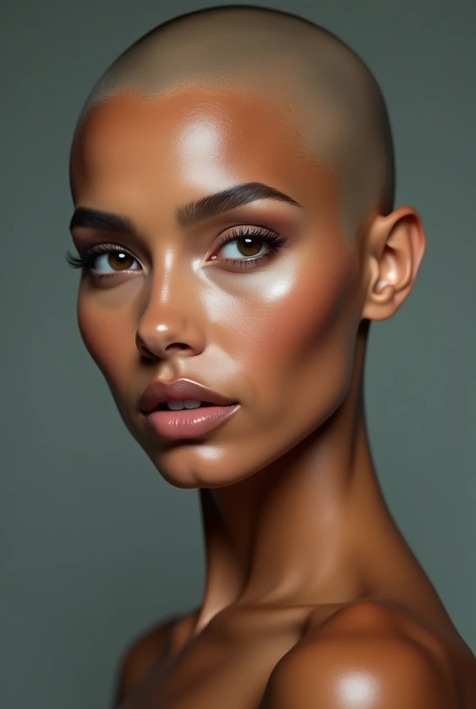 photorealism, hot bald woman, pinterest woman, 4k, ultra realistic, skin texture, pores, photorealistic, model, hyper realistic, RAW photo, photography, gorgeous, face close up, in focus, staring straight forward, facing forward, flat lighting, hispanic woman