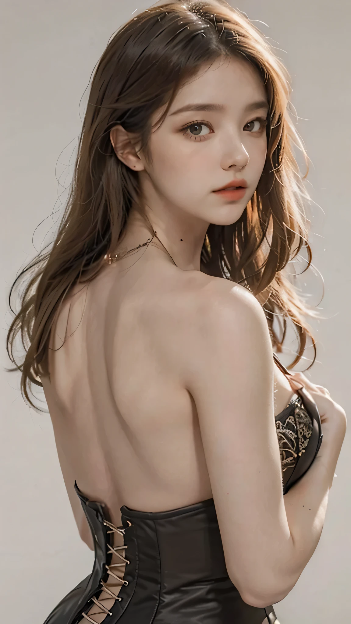 1girl, solo, looking at viewer, blonde long hair, wearing a corset, big ass, brown eyes, upper body, grey background, normal tits, lips, realistic, .