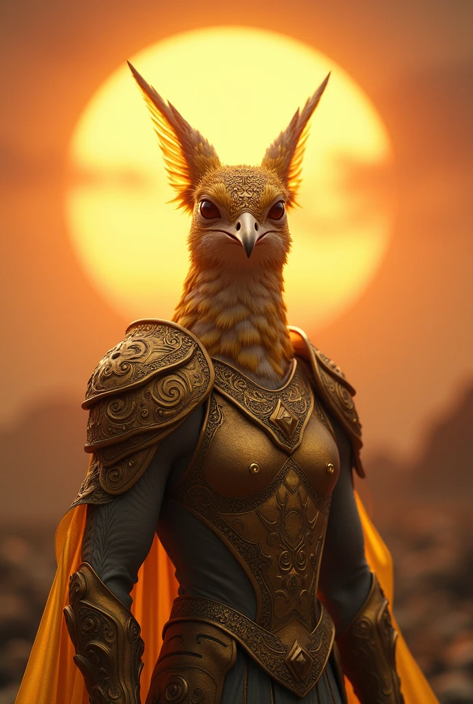(Close-up of a powerful hummingbird:1.5), (Facing forward, wearing intricate golden armor:1.3), (Majestic and strong, standing alone:1.2), (Epic sunset background:1.1), (Radiant light around the hummingbird:1.2), (Symbolic landscape reflecting strength, unity, and determination:1.0)