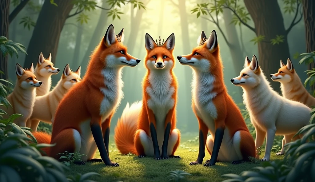 FOXES AS QUEENS IN THE FOREST WITH WOLVES AROUND ADMIRING THEM
