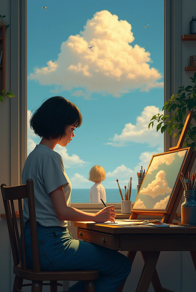 An artist with short black hair painting a picture and in her mind with a dream cloud where a blonde girl appears in the distance realistic