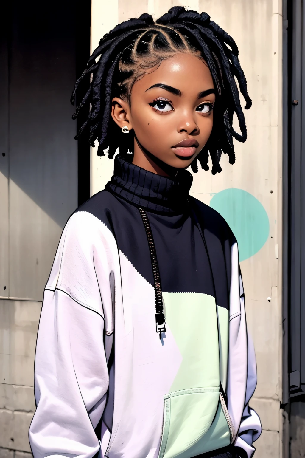 Black boy, sweater, beautiful detailed eyes, stylish haircut, Urban environment, vibrant colors, street art, graffiti, Cool pose, natural lighting, realistic, Modern art style, High resolution, rich texture, youthful energy. (pastel colors)
