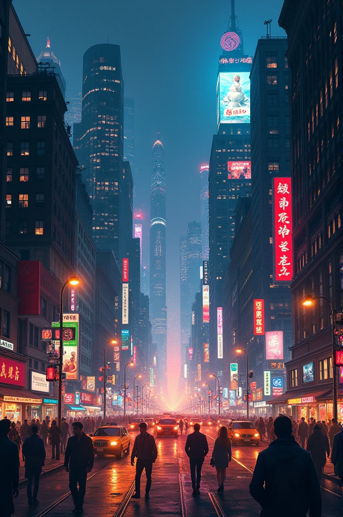 A bustling city at night, with busy streets and tall buildings glowing under the streetlights."