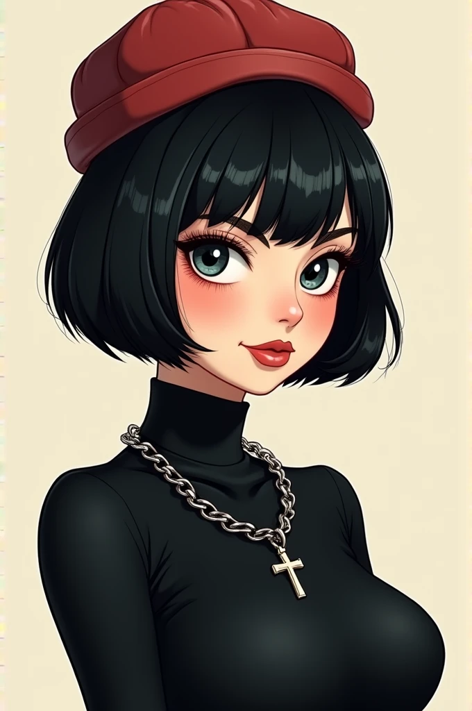 Create an image: woman with short black hair, com ushanka preta, black turtleneck blouse, cross chain on neck, style cartoon