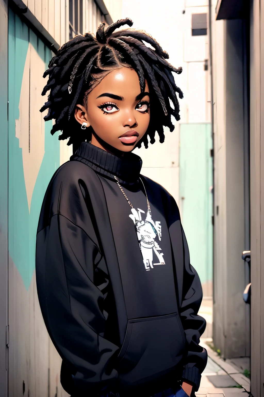 Black boy, sweater, beautiful detailed eyes, stylish haircut, Urban environment, vibrant colors, street art, graffiti, Cool pose, natural lighting, realistic, Modern art style, High resolution, rich texture, youthful energy. (pastel colors)