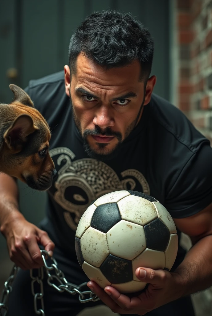 It generates an image of a Hispanic man who has a soccer ball in his left hand and a dog tied to a chain in his right hand that is in an attack position and whose shirt has a drawing of a skull.
