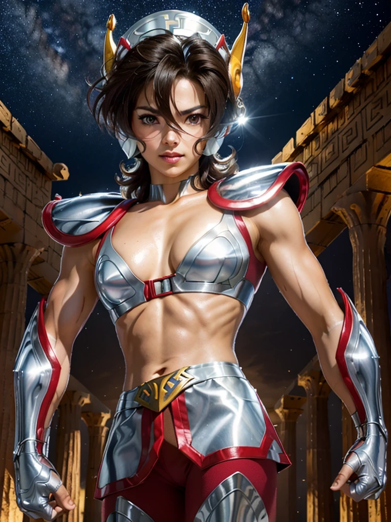 masterpiece, best quality, ultra high res, realistic skin texture,silver armor, armature, (photorealistic:1.4), high resolution, raw photo, 1 girl, shiny skin, (detail skin:1.2), realistic skin texture, best lighting, wearing red pants, (perfect breast:1.3), sparkle, mecha armor, (short hair:1.2), (Pegasus Seiya:1.2), wearing a winged helmet, dramatic lighting, dynamic pose, (greek temple background:1.3), night sky, cosmos, milky way,