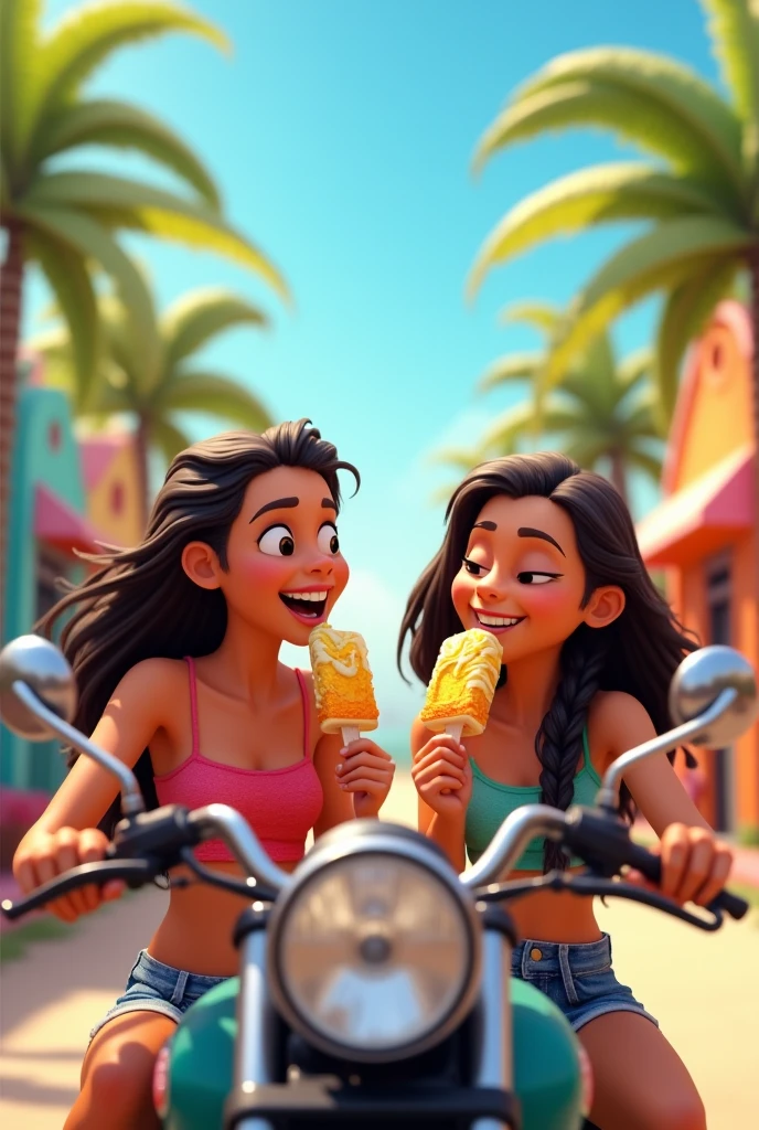 I want you to create an image of a chiscocho popsicle to eat with someone with a motorcycle and another with a moana