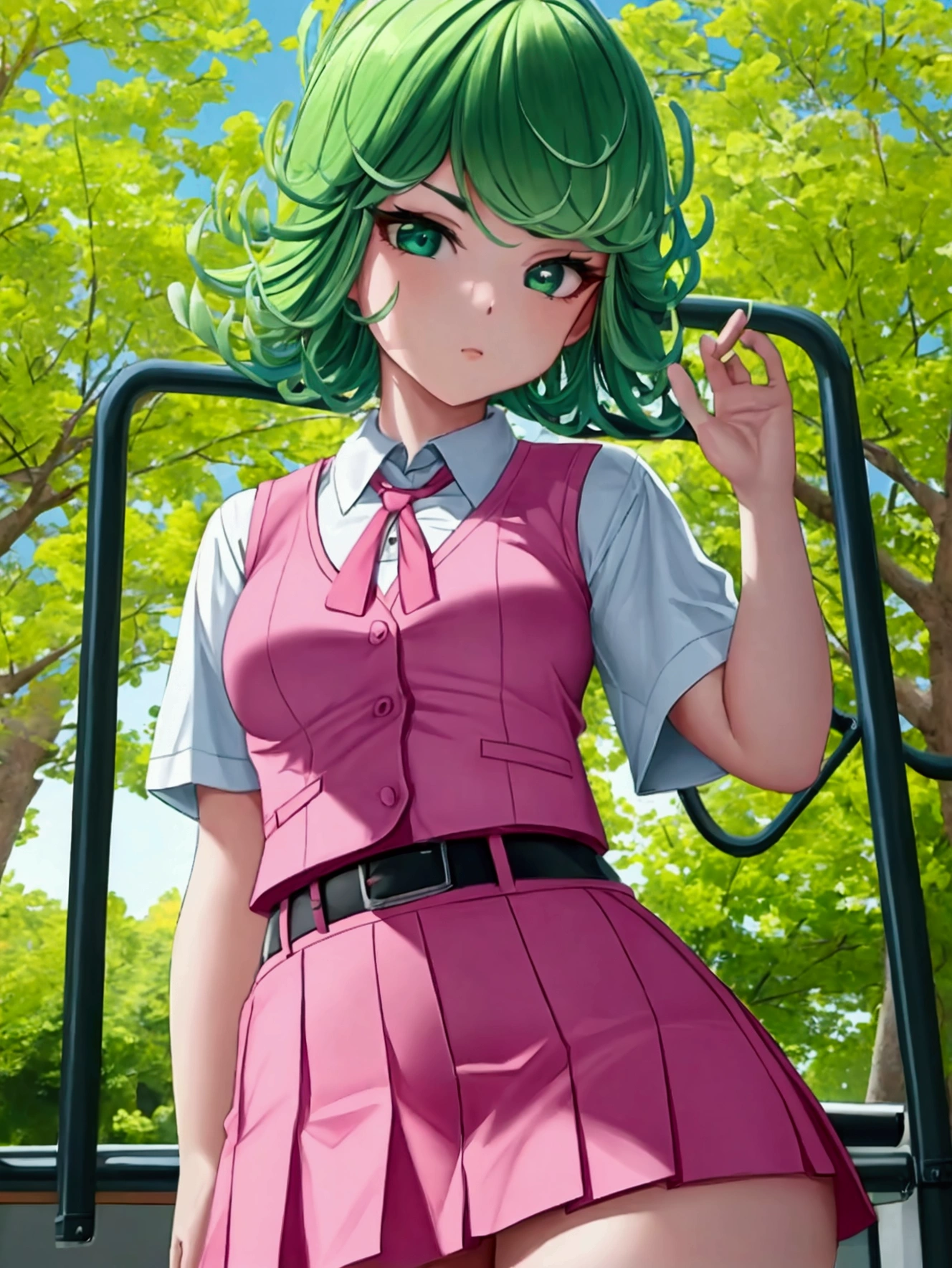 (high res, 8K, masterpiece, looking at viewer, best quality, very aesthetic, ultra detailed, ultra background, ultra Eyes) intricate details, 1girl, Tatsumaki, Chibi, short sleeved white shirt, pink vest, Pink short skirt, Pink bucket Hat, Pink tie ribbon, Wearing a belt, green short hair, green eyes, Smile Face, Background Park, Cinematic Angle