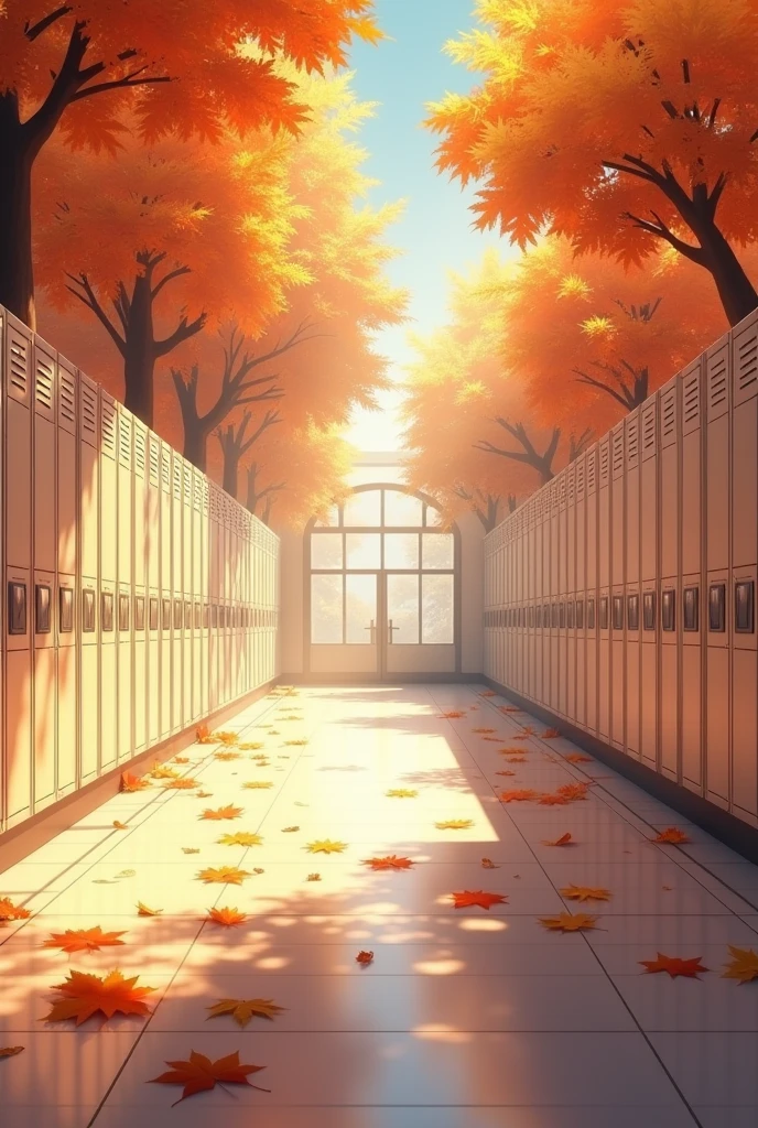 Empty school hallway background with rows of lockers, a bright and welcoming atmosphere, subtle hints of fall with leaves scattered on the floor.Best Quality, Masterpiece, Ultra High Definition,