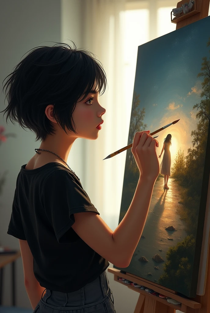 An artist with short black hair painting a picture and in her mind where a blonde girl appears in the distance realistic