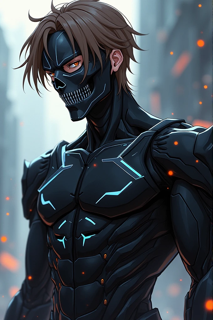male character, brown hair combed to the sides, skull mask covering the face. Black clothes like futuristic armor, anime dash