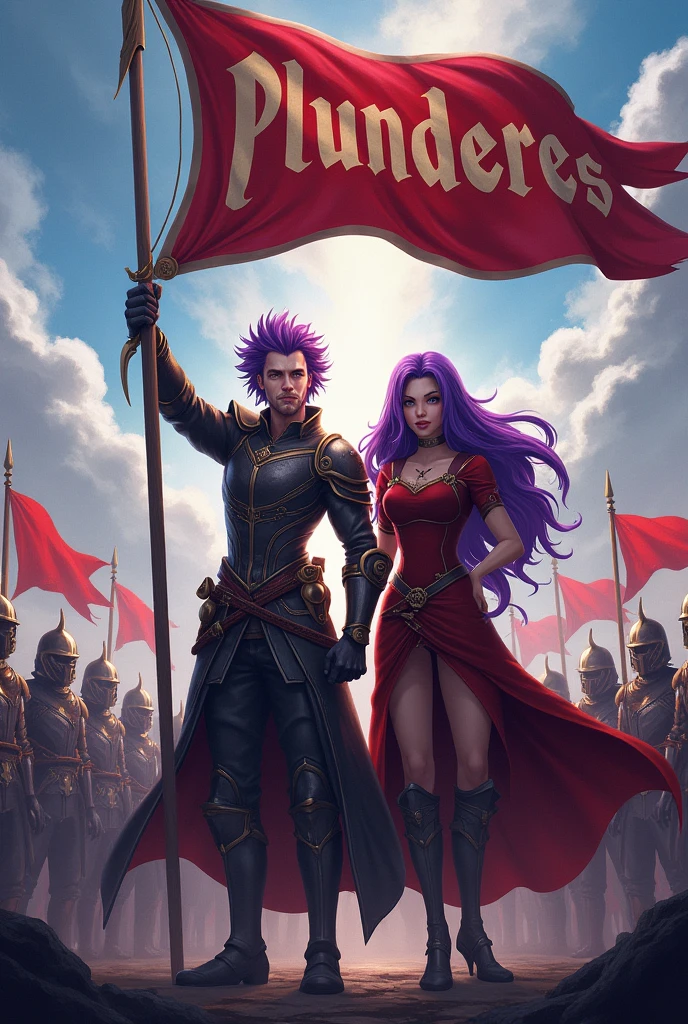 A purple haired man and a purple haired woman leader of a guild, holding the word Plunderes in his hands and behind him his army of warriors with the flag with the word Plunderes