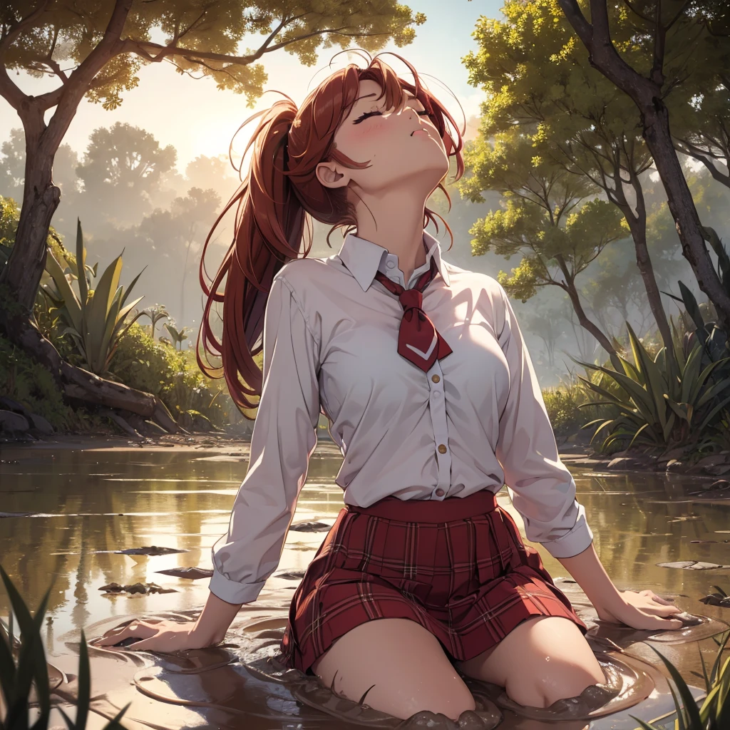 1girl, solo:1.5, masterpiece, best quality, high res, highly detailed, (illustration), beautiful detailed eyes, yuigahama yui, red hair ponytail, glossy lips, light makeup, orgasm, (looking up to the sky:1.5), (mouth open:1.2), intimate moment, school shirt, red skirt, (quicksand:1.4), (submerged up to her torso), (from side:1.4), bog, swamp, grass, trees, (eyes closed:1.3),