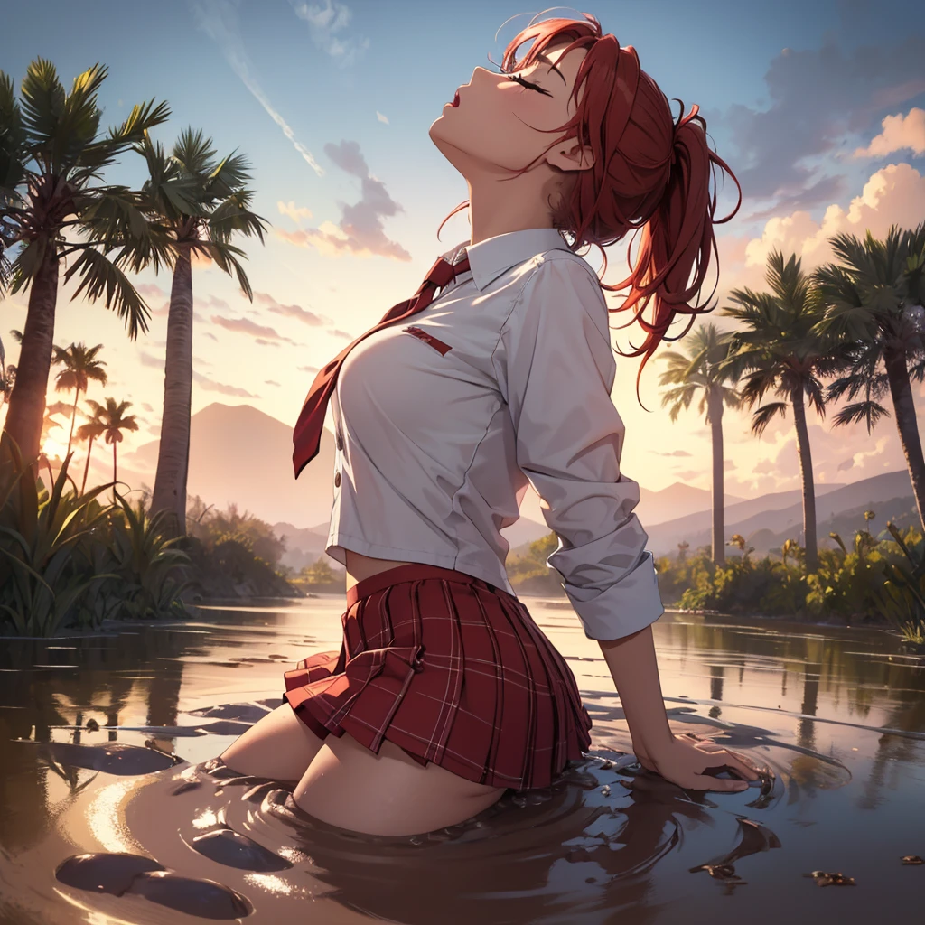 1girl, solo:1.5, masterpiece, best quality, high res, highly detailed, (illustration), beautiful detailed eyes, yuigahama yui, red hair ponytail, glossy lips, light makeup, orgasm, (looking up to the sky:1.5), (mouth open:1.2), intimate moment, school shirt, red skirt, (quicksand:1.4), (submerged up to her torso), (from side:1.4), bog, swamp, grass, trees, (eyes closed:1.3),