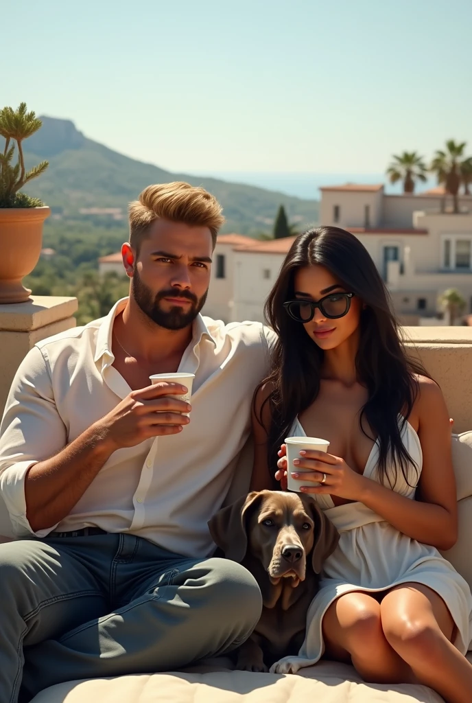 Create a picture of a young couple.
The man is muscular and has a full beard. He has dark blonde, very short hair.
The woman has long black hair and wears large designer glasses. She has a sharp nose.
The couple sits on a roof terrace in Apulia. Both drink coffee from cups.
A Weimaraner dog lies next to them.
The image should appear realistic.