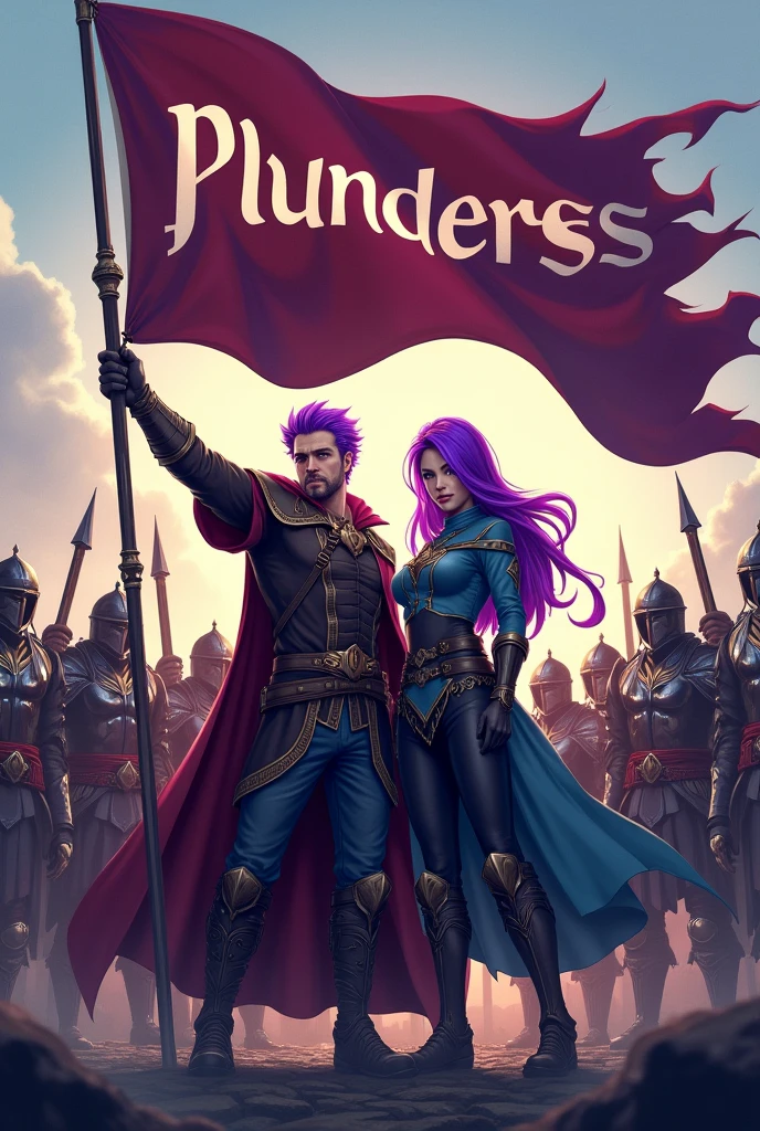 A purple haired man and a purple haired woman leader of a guild, holding the word Plunderes in his hands and behind him his army of warriors with the flag with the word Plunderes