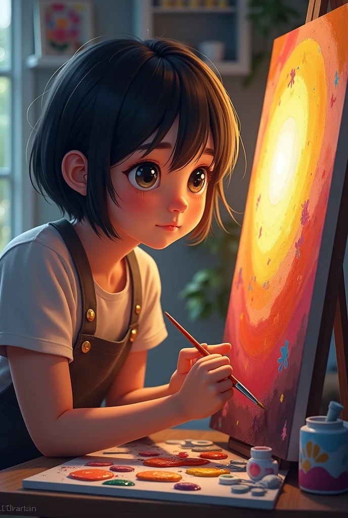 An artist with short black hair painting a picture