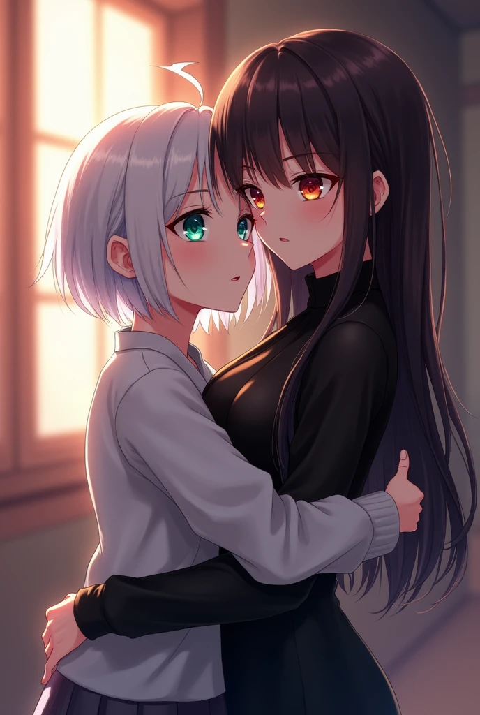 anime style, Two women,Woman 2 hugs Woman 1 like sisters.
Woman 1: young adult, with the right eye blue and the left eye green, short white hair.
Woman 2: young adult, with the right eye red and the left eye yellow, narrow eyes, long hair and straight dark brown bangs, black elegant clothes.