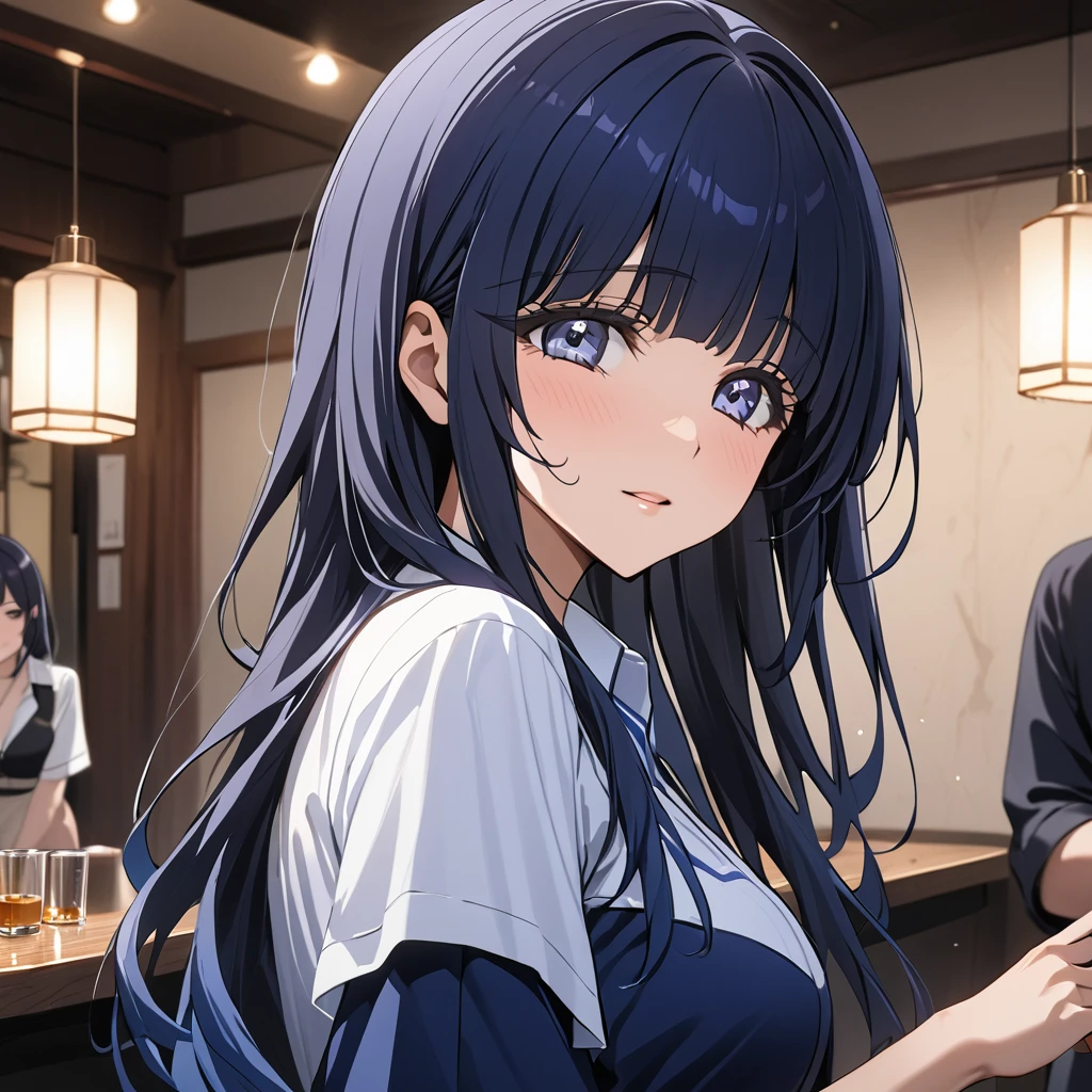 ((Highest quality)), ((masterpiece)), (detailed), (Perfect Face)、The woman is Aoki Reika, with midnight blue semi-long hair.、The woman is a prostitute and serves customers.