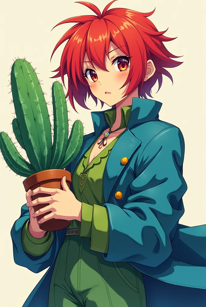 Anime character red hair green clothes with blue coat holding a cactus